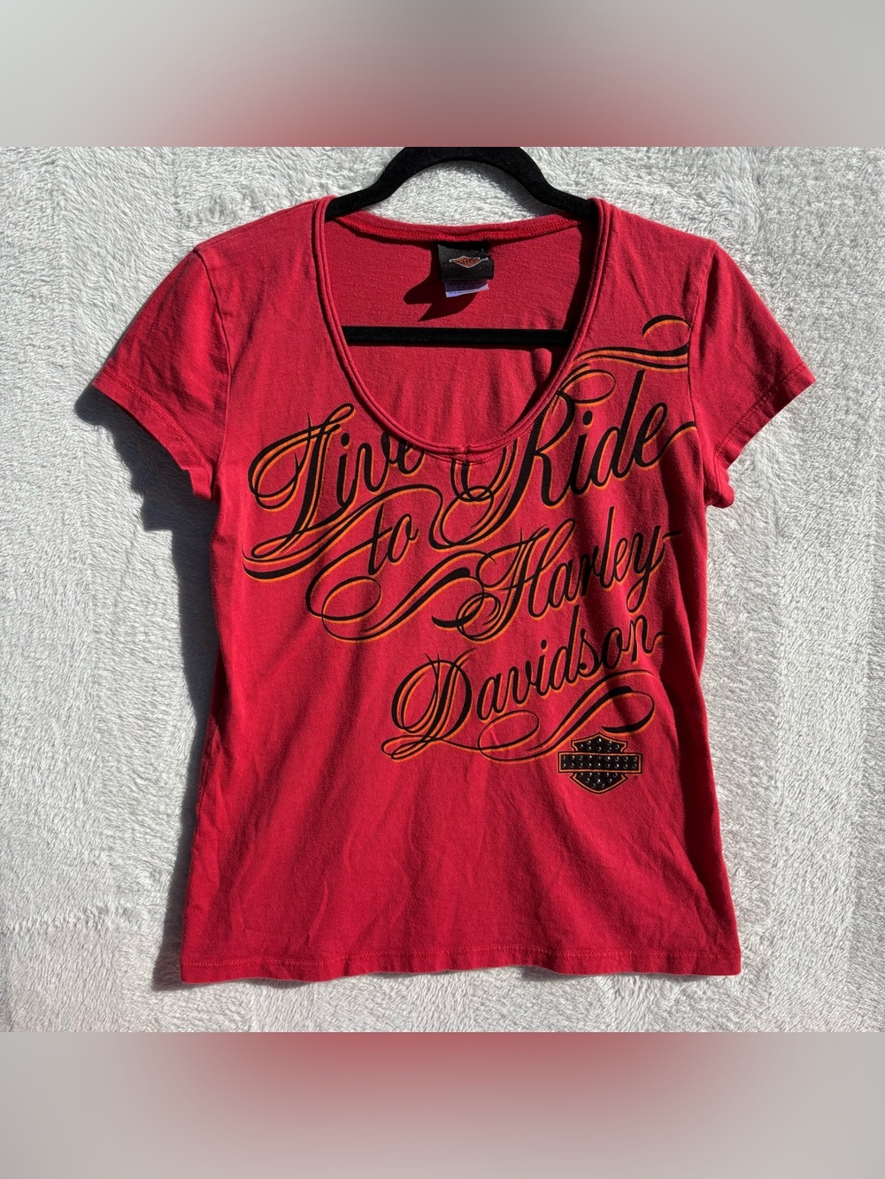 HARLEY DAVIDSON Shirt Womens Large Scoop Neck Tee Live to RIde Script Rhinestone